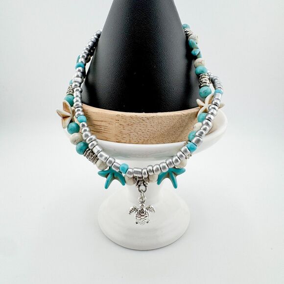 Turquoise 2 Strand Turtle Bracelet Anklet Silver Tone Beach Rustic Retro Sea - Picture 3 of 9